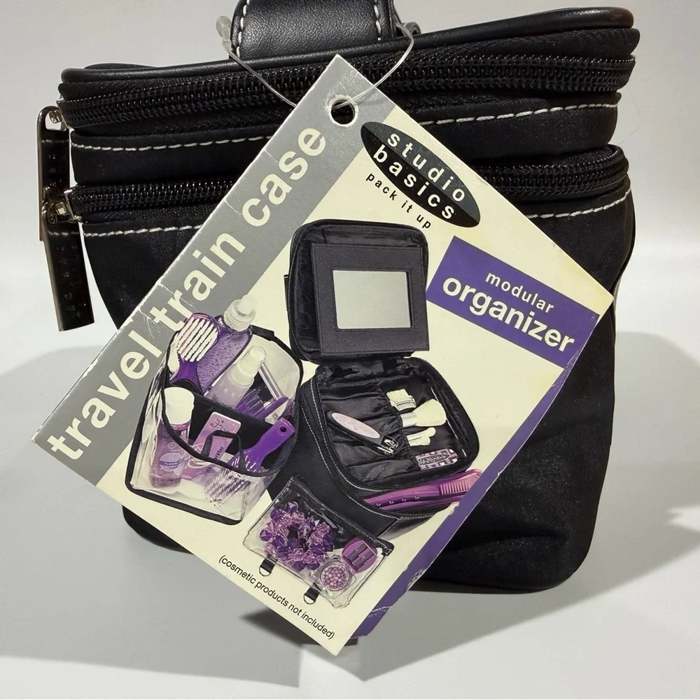 NWT Y2K 2004 Vintage Black Nylon Makeup Organizer Travel Train Case Cosmetic Bag